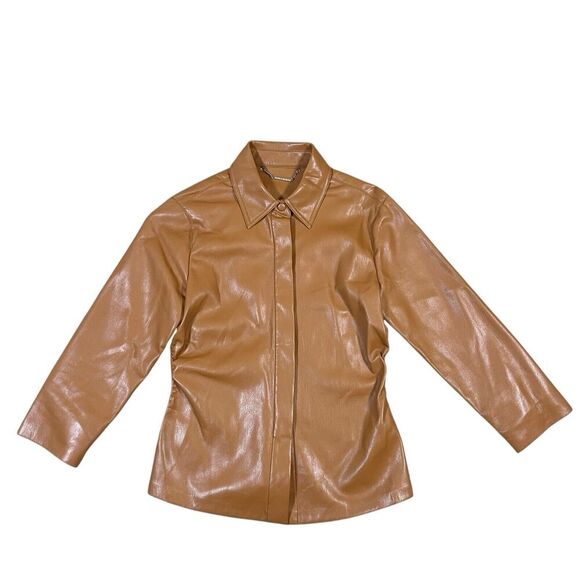 Elie Tahari Faux Leather Short Jacket Shacket Button Down Tan Camel Size XS - Picture 2 of 7